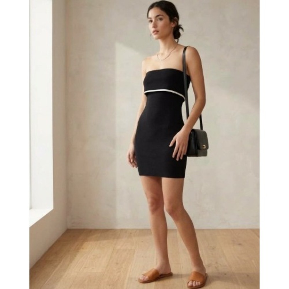 Aritzia Wilfred Free Maraschi Dress Black Oak Piping Strapless Midi XXS NWT